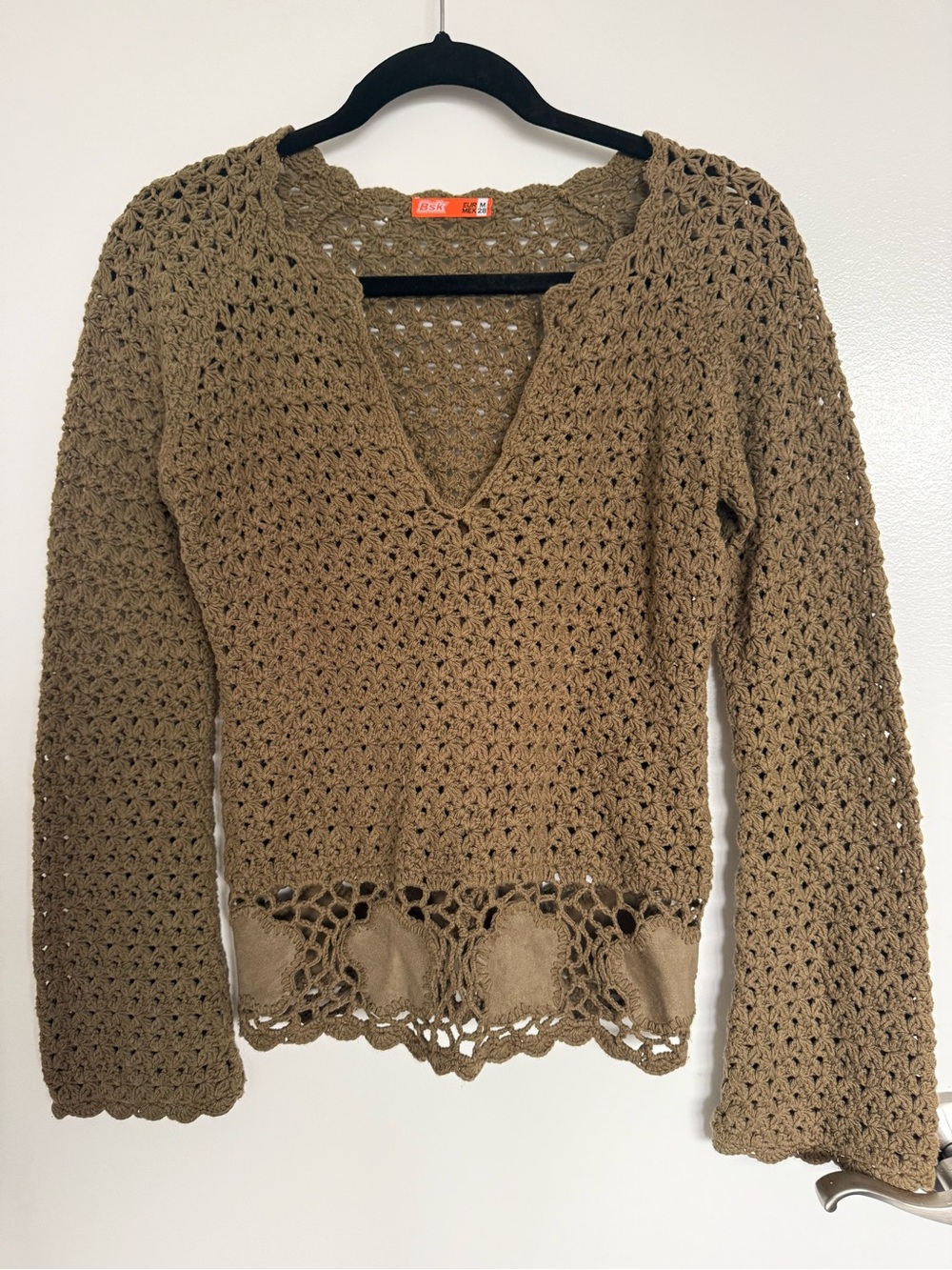 Bershka Olive Crochet V-Neck Sweater